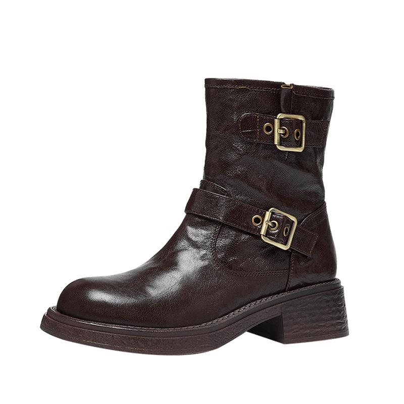 天美意复古西部靴厚底加绒骑士靴女鞋子时装靴短靴皮靴冬新款