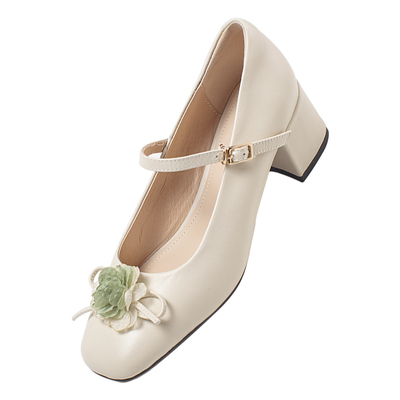 唯美小花蝴蝶结方头中跟白色玛丽珍鞋小众设计感仙女风不累脚气质