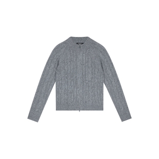 oneup绵羊毛麻花拉链毛衣外套女秋季灰色宽松慵懒半高领针织开衫