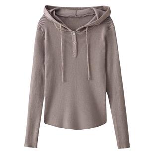 连帽长袖针织衫2026春季新款女装修身打底小个子短款毛衣带帽卫衣