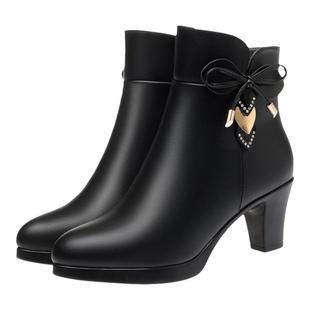 妈妈靴子女式皮鞋2022年秋冬新款高跟真皮短靴防水台粗跟短筒皮靴