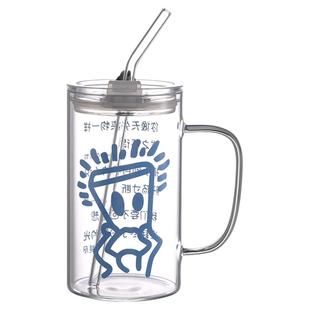 薛之谦小d玻璃吸管杯600ml大容量带双盖卡通奶茶水杯子家用办公室