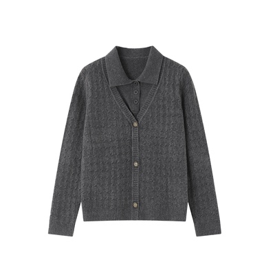 XWI欣未假两件叠穿风绞花针织衫女秋冬灰色格雷系轻职场通勤毛衣