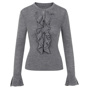 朗姿羊毛圆领毛衣针织衫荷叶边喇叭袖长袖修身打底衫2025冬季新款