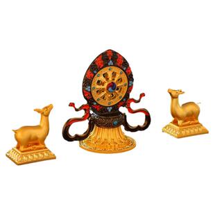 密宗法器大号双鹿法轮精致电镀鎏金手工彩绘家用玄关佛堂桌面摆件