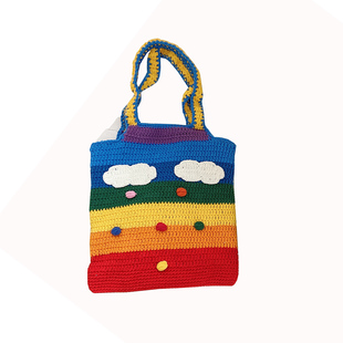 小白兔几 针织毛线包泰国编织彩虹包彩色条纹单肩斜挎包肩带布包