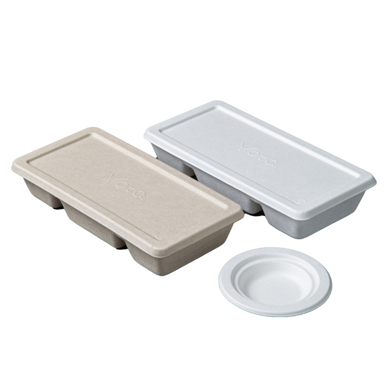 一次性纸浆三格蘸料碟分隔餐盒烤肉火锅味碟烧烤用料盘可降解三拼