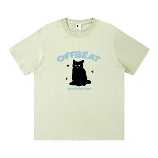 Gbiaior奶绿色孤单小猫索罗娜凉感短袖t恤女正肩休闲圆领情侣上衣