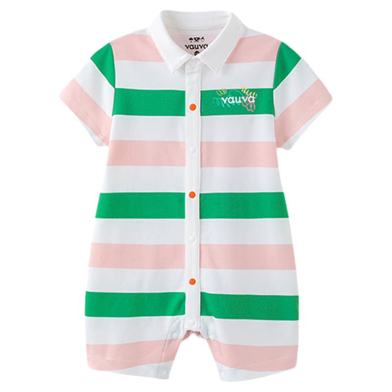 [Vauva]2026新品婴儿短袖polo领连体衣夏爬服白绿色印花包屁衣