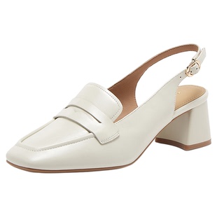 【38码】百思图夏季时尚方头粗跟包头后空女乐福凉鞋RJF49BH4