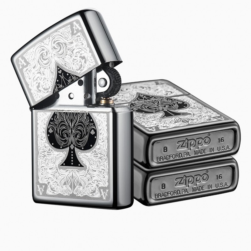 正品zippo 原装美国芝宝黑冰扑克黑桃A 暗花幺点逢赌必赢男士刻字
