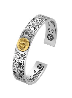 925纯银唐草花纹手镯男霸气复古印第安飞鸟点金平打飞鹰开口手环