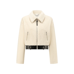 周深同款Alexia Sandra秋冬新款皮料拼色休闲毛绒短外套女米白色