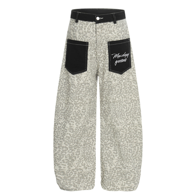 美式复古豹纹宽松阔腿牛仔裤