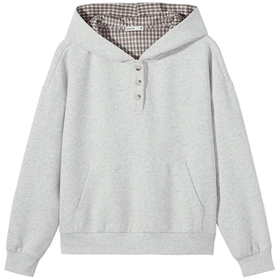 热风女士卫衣连帽套头卫衣2026年秋款格纹宽松内搭上衣卫衣