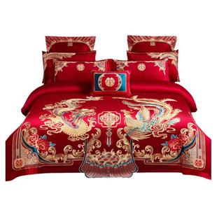 120支新疆长绒棉婚庆四件套大红色龙凤纯棉刺绣全棉结婚床上用品4