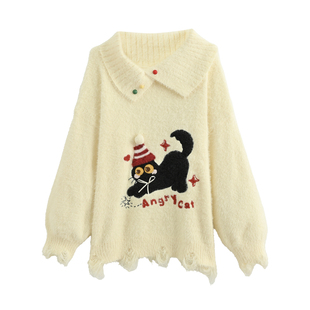 森女部落慵懒风可爱猫咪刺绣设计感宽松毛衣女2025新款秋冬针织衫