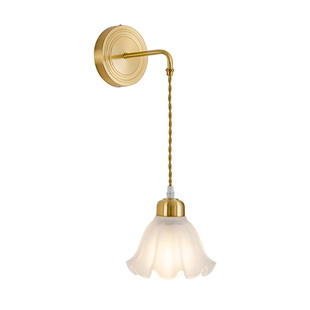 北欧全铜壁灯客厅背景墙卧室床头灯法式奶油风花朵吊线主卧室墙灯