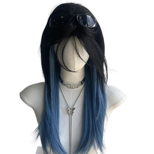 假发发型女cos黑蓝渐变挑染水母头高层次长直仿真发全头套鲻鱼头