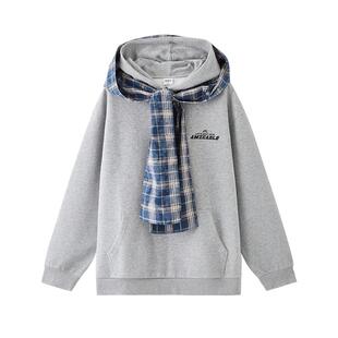 三福2025冬季男士可拆拼格装饰卫衣 英文点缀带帽上衣512574