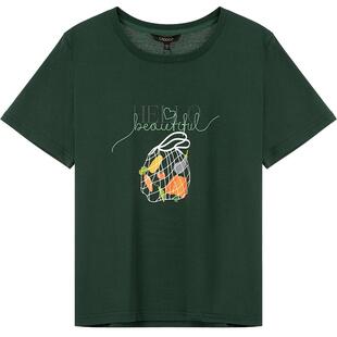 【果蔬系列】LAGOGO墨绿色圆领T恤女拉谷谷2025夏季新款正肩短袖