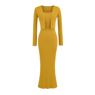 卡戴珊S曲线性感包臀鱼尾吊带连衣长裙拖地纯欲长袖开衫两件套装