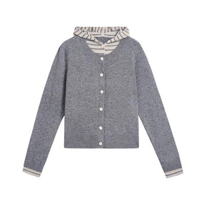 紫涵100%绵羊毛假两件针织开衫女2025年冬季新款条纹连帽毛衣外套