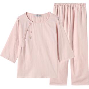 美标七分袖纯棉睡衣套装春夏女双层棉纱中国风全棉可外穿家居服秋