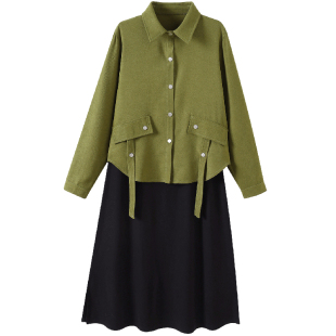 微胖的喵喵大码女装胖mm春装穿搭遮肉巨显瘦衬衣连衣裙套装裙6636