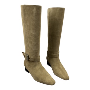 乐魔欧洲站欧货真皮女靴2025冬季新款粗跟方头套筒时装靴高筒长靴