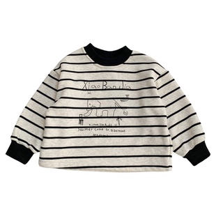 男童秋冬加绒卫衣2025新款儿童条纹一体绒薄绒打底衫中小童上衣潮