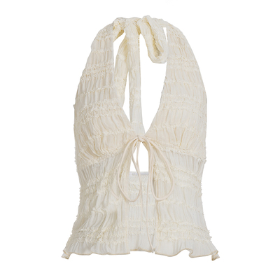 WEEKEEP 度假风辣妹性感蕾丝挂脖绑带露背背心米白色修身叠穿吊带