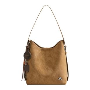 纳兰杜晚霞包水桶包女棕色麂皮包包2025新款大容量通勤单肩斜挎包