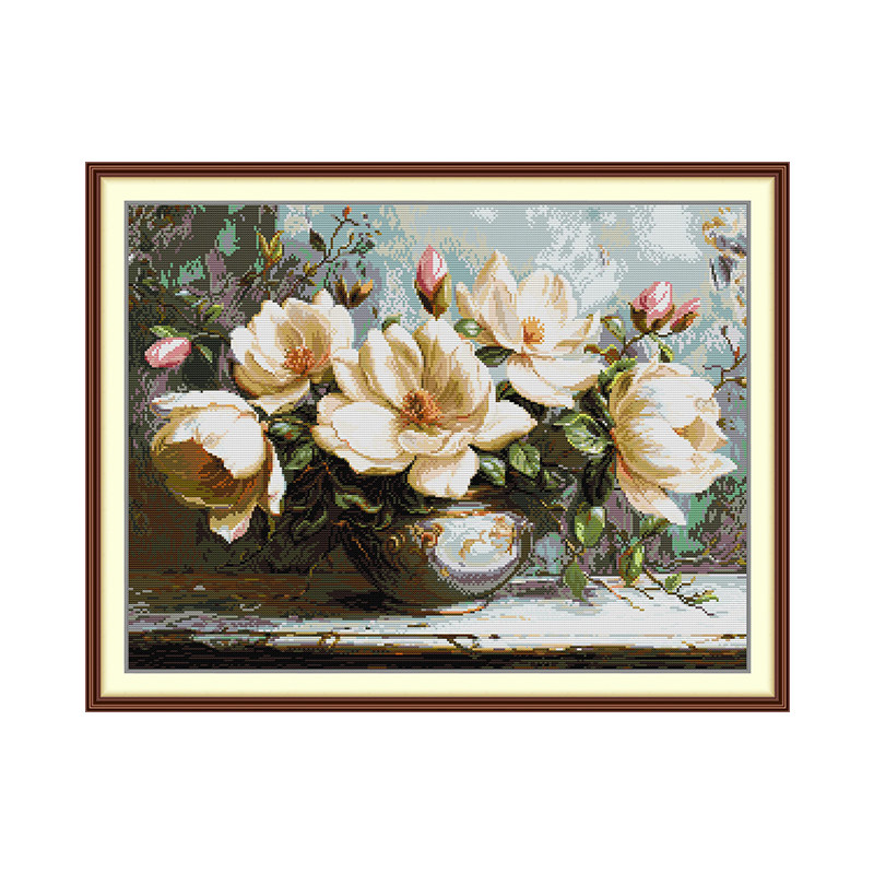 古典静物白玉兰十字绣 油画风花卉花瓶 DIY 线绣装饰画小幅