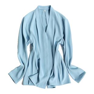 有帆-通勤王!利落轻熟V领法式长袖衬衫女职业通勤天蓝色上衣女