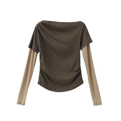 popchrio一字领假两件长袖T恤