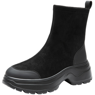 大东女短靴2025冬季新款时装绒面厚底女靴瘦瘦靴中筒套脚袜子靴