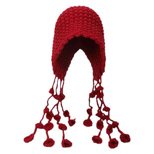 冬季手工时尚流苏球球毛线帽加厚保暖包头帽女护耳绑带针织帽子潮