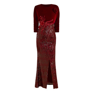 创意狐晚礼服红色丝绒秋冬新款喜妈妈婚宴礼服长袖端庄大气鱼尾裙