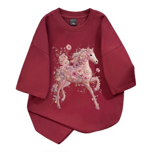 韩系ins休闲宽松仿刺绣小马印花纯棉短袖T恤男女夏季高街潮牌上衣