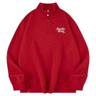 乔丹新年针织套头衫男2026夏季红色休闲运动卫衣学生宽松半拉链