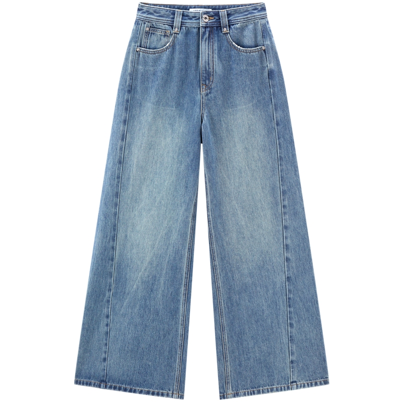 太平鸟高腰阔腿牛仔裤2025秋季新款宽松显瘦个性水洗直筒牛仔裤女