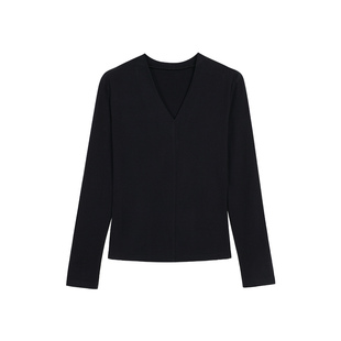 pusumede 悸动定格 极简V领正肩长袖t恤女修身抓绒内搭打底针织衫