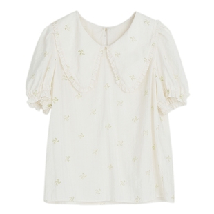 谜底娃娃领提花上衣女春季新款小清新百搭衬衫短袖231MS0080