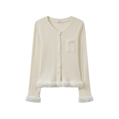 毛绒蕾丝拼接V领针织内搭长袖女