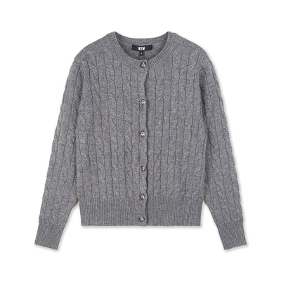 R2W美式复古高级奶白色麻花羊毛针织开衫女加厚毛衣灰短外套上衣