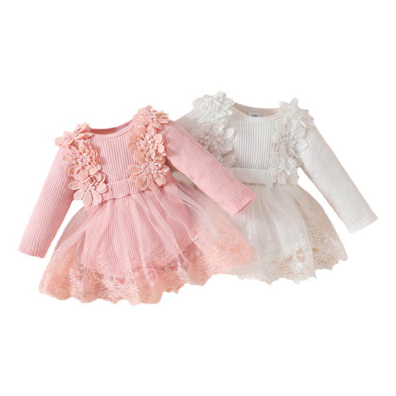 baby girls dress超萌婴儿服长袖坑条花边蕾丝花朵哈衣裙 百日宴