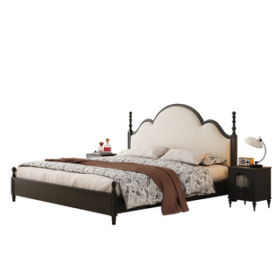 中古风实木真皮软包床美式复古主卧床1.8米法式复古床高箱储物床