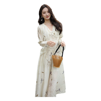 法式V领收腰显瘦花鸟印花连衣裙