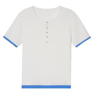 诗篇专选撞色短袖圆领半开纽扣显瘦针织T恤衫女2025夏季新款